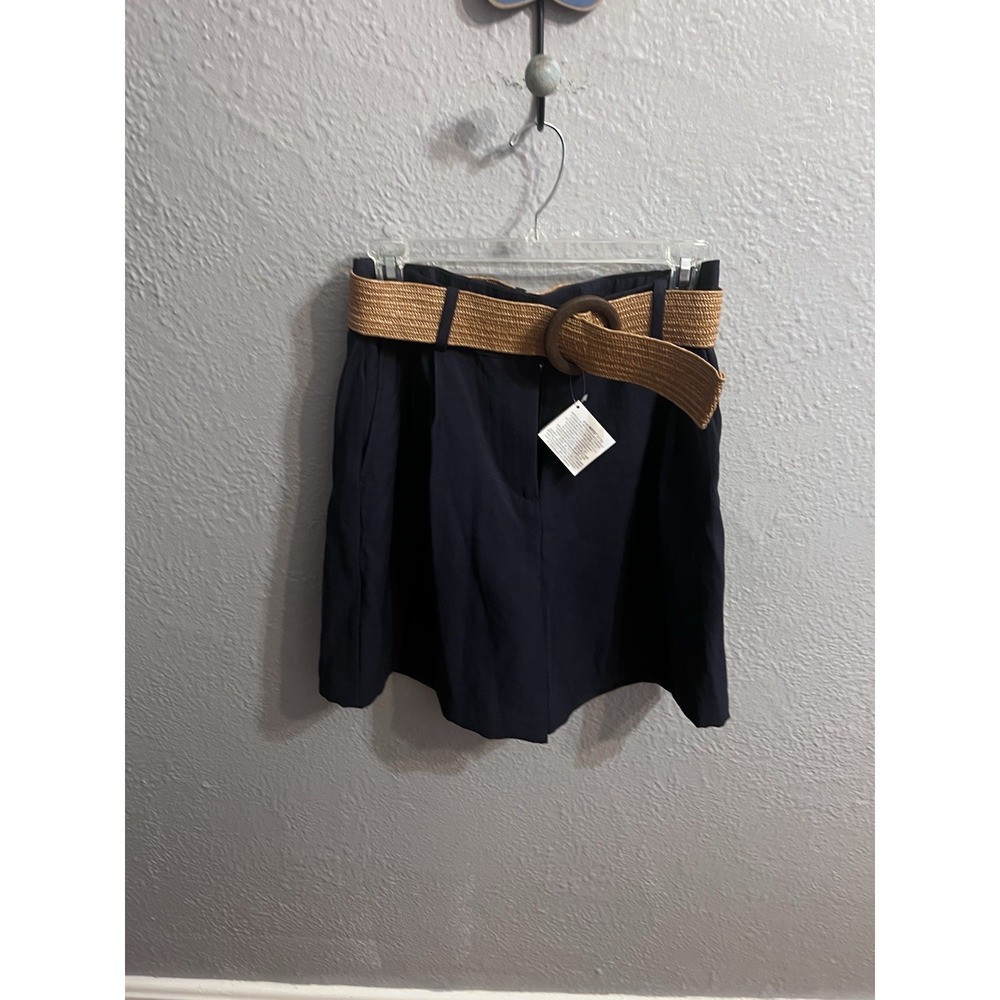 Zara Navy Blue High-Waist Shorts with Tan Belt